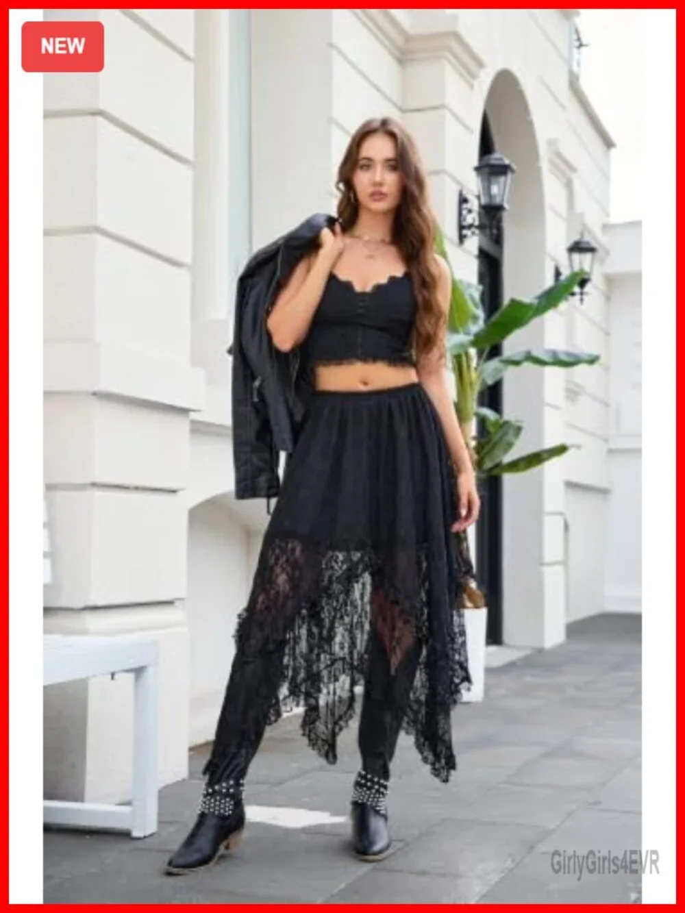 Lace Maxi Skirt Asymmetrical Ruffle Hem Flowy Boho Womens